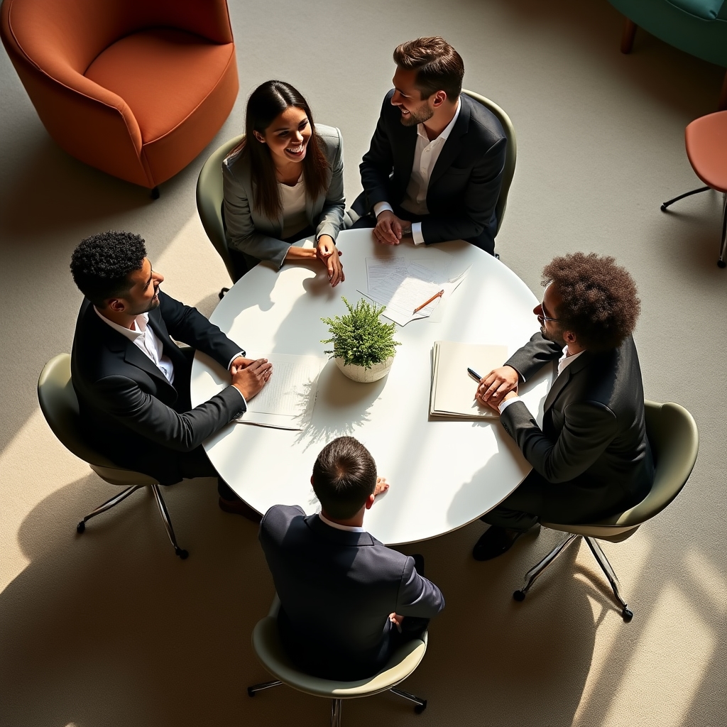 Overhead view of a diverse team of professionals gathered around a table discussing documents in a modern meeting room