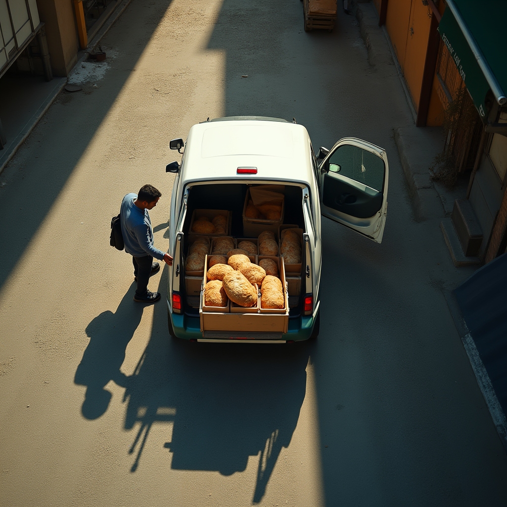 Overhead view of a delivery van being loaded with bread crates outside a bakery