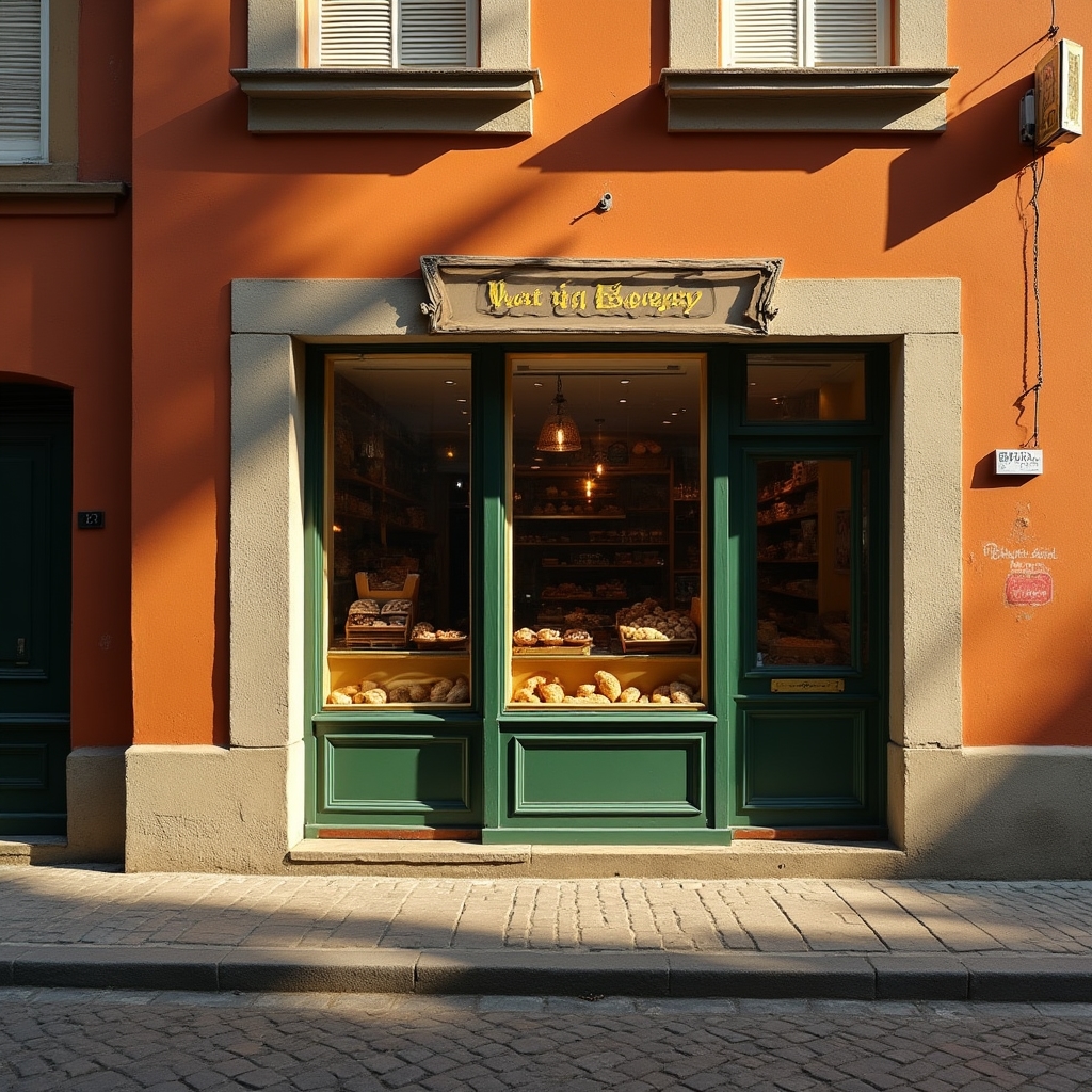 Small Czech bakery storefront in early morning light with bread displayed in the window