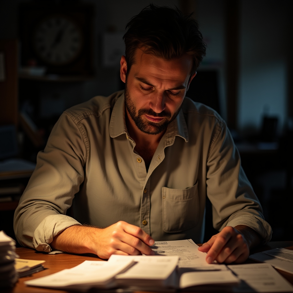 Close view of a small business owner sorting paper utility bills and receipts at a desk