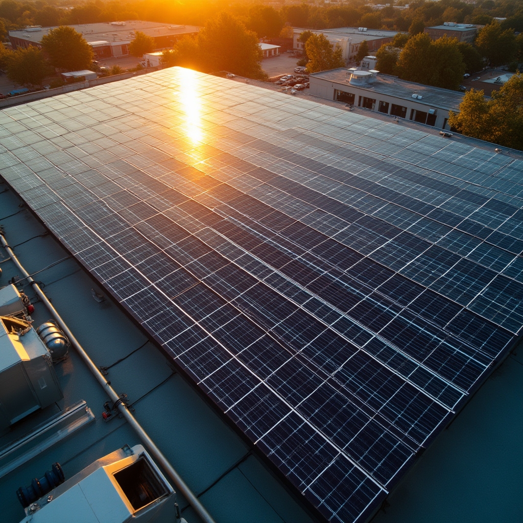 Overhead view of solar panels installed on a bakery rooftop next to ventilation units