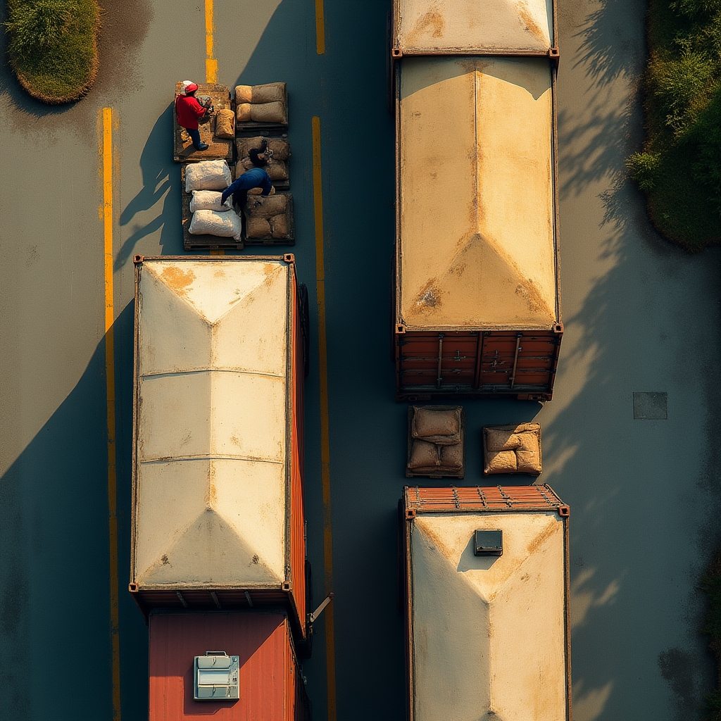 Overhead view of trucks delivering flour sacks to a small industrial loading bay