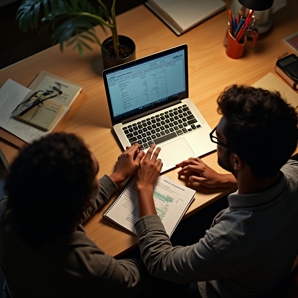 Overhead view of two colleagues reviewing a spreadsheet of emissions data on a laptop at a wooden desk